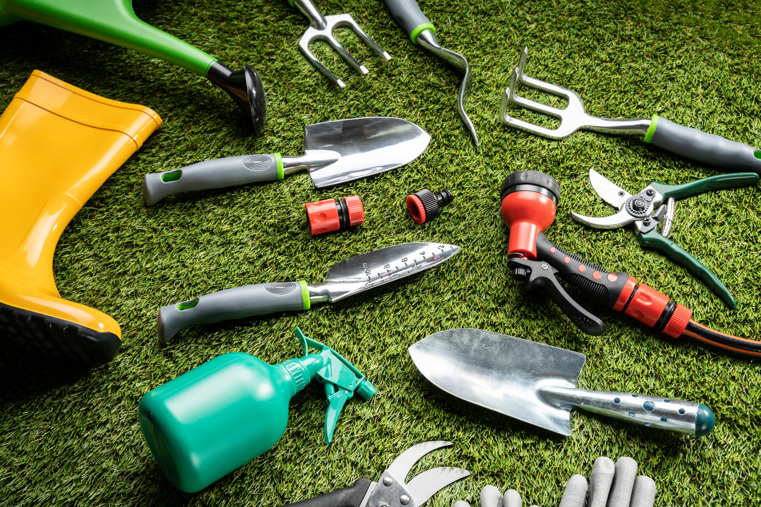Various Gardening Tools Laying On Grass